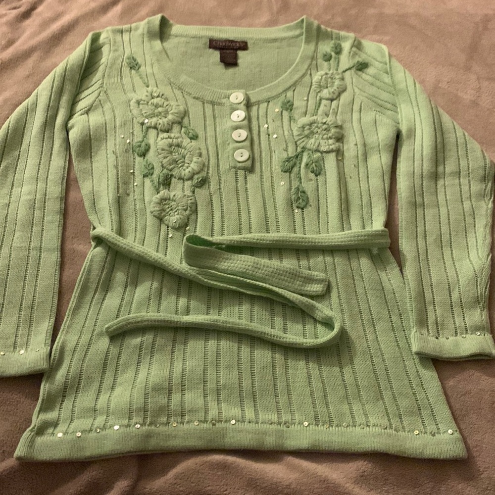 Lime thin sweater pull over round neck with beautiful woolen embroidery
